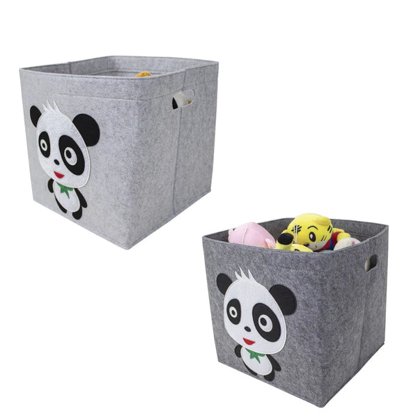 Gray felt storage box with a panda design on the front, used to store toys and other children's items. Lightweight, soft, and perfect for keeping kids' spaces organized.